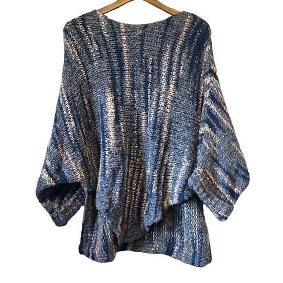 Knit Sweater Oversized Tunic Top Blue Tan Striped Dolman Sleeve Pullover - Picture 1 of 5